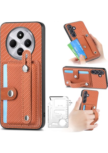 Xiaomi Redmi 14C 4G-14R 5G-Poco C75 4G Bileklik Anti-Drop Deri Arka Kapak Kart Tutucu-Kahverengi Telefon Kılıfı (Yurt Dışından)