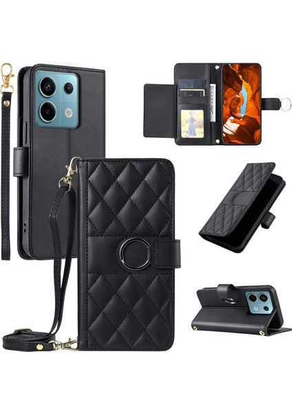 Xiaomi Poco X6 5G-Redmi Not 13 Pro 5G Crossbody Halka Toka Cüzdan Eşkenar Dörtgen Mobil Kapak-Siyah (Yurt Dışından)