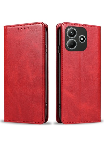 Xiaomi Redmi Note 14 5G Kılıf Için Güçlü Manyetik Pu Deri Telefon Kapağı Buzağı Dokusu-Kırmızı (Yurt Dışından)