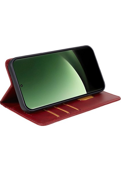 Xiaomi Redmi Note 14 5G Kılıf Için Güçlü Manyetik Pu Deri Telefon Kapağı Buzağı Dokusu-Kırmızı (Yurt Dışından)