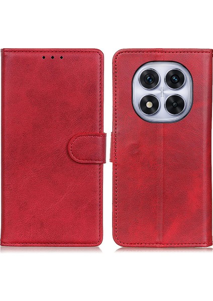 Xiaomi Redmi Note 14 Pro 4G Cüzdan Kılıf Sığır Derisi Doku Deri Telefon Kapağı-Kırmızı (Yurt Dışından)