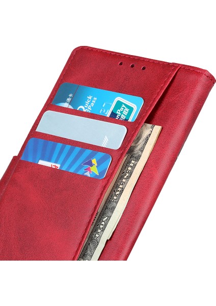 Xiaomi Redmi Note 14 Pro 4G Cüzdan Kılıf Sığır Derisi Doku Deri Telefon Kapağı-Kırmızı (Yurt Dışından)