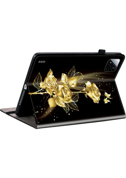 Xiaomi Pad 7 Pro - Pad 7 Desenli Baskılı Kart Yuvalı Tablet Kılıfı-Altın Gül (Yurt Dışından)