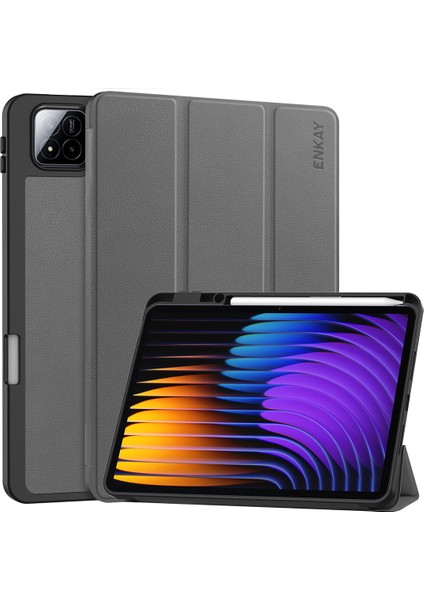 Xiaomi Pad 7 Pro-Xiaomi Pad 7 Enkay Üç Katlı Pu Deri+Tpu Kalem Tutuculu Akıllı Kapak-Gri (Yurt Dışından)