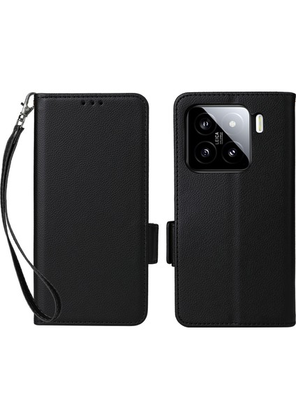 Xiaomi 15 Kılıf Litchi Doku Pu Deri Cüzdan Kapaklı Telefon Kapağı-Siyah (Yurt Dışından)
