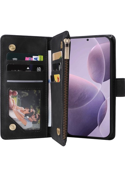 Xiaomi 14T Kılıf Fermuar Cüzdan Çoklu Kart Yuvaları Deri Telefon Kapağı-Siyah Için (Yurt Dışından) modelleri