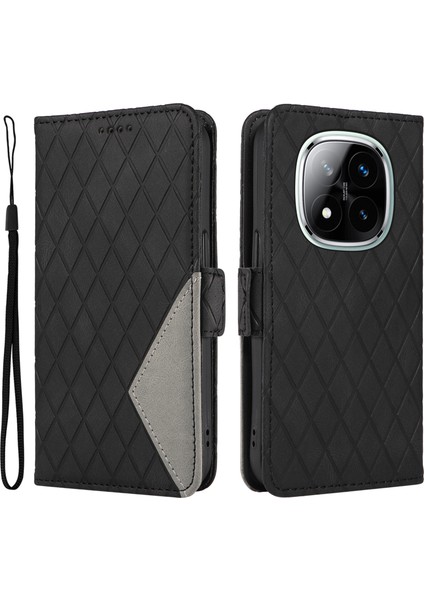 Xiaomi Redmi Için Not 14 Pro 5G-Not 14 Pro+ 5G Kılıf Eşkenar Dörtgen Pu Deri Flip Cüzdan Telefon Kapağı-Siyah (Yurt Dışından)