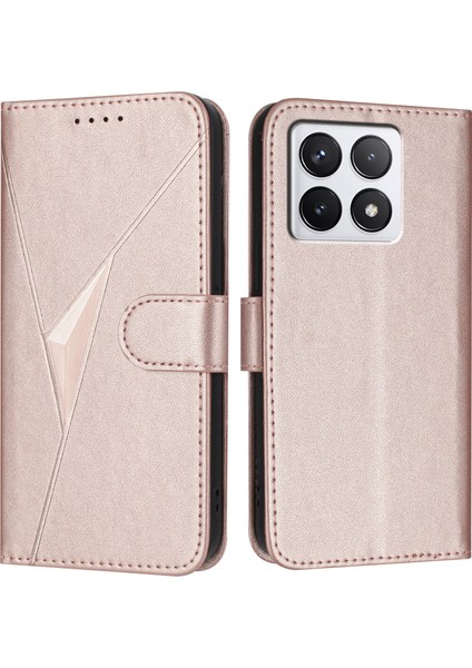 Xiaomi 14T Kılıf Üçgen Baskı Deri Telefon Kılıfı, Kordon-Gül Altın Için (Yurt Dışından)