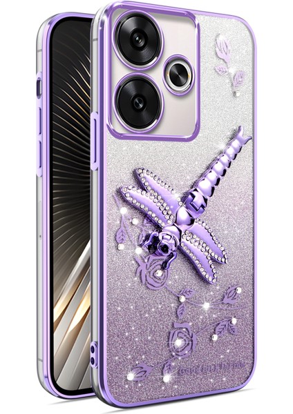 Kılıf Xiaomi Redmi 13 4G-5G-Not 13R 5G-Poco M6 4G-M6 Artı 5G Dragonfly Tpu Çiçekler Glitter Telefon Kapağı-Mor (Yurt Dışından)
