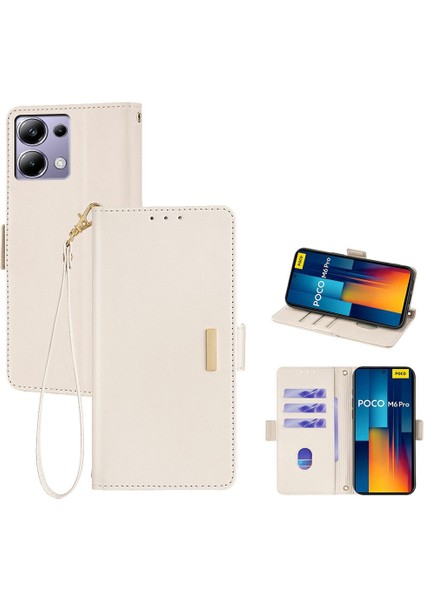 Xiaomi Redmi Için Not 13 Pro 4G - Poco M6 Pro 4G Deri Cüzdan Kılıf El Kayışı İle Rfıd Engelleme Kapağı-Beyaz (Yurt Dışından)