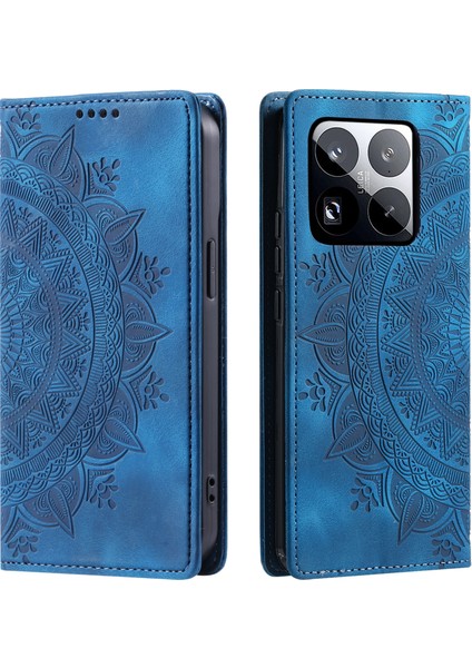 Xiaomi 15 Pro Kılıf Mandala Desenli Manyetik Kapanış Deri Telefon Kapağı-Mavi (Yurt Dışından)
