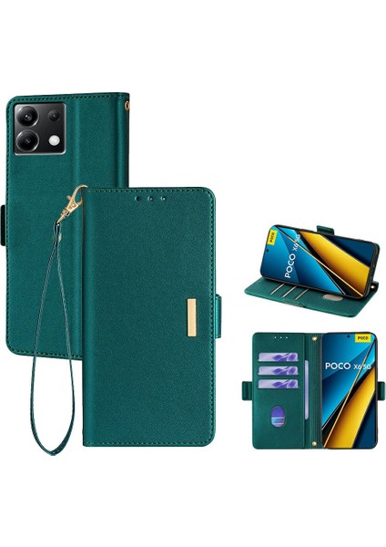 Xiaomi Poco X6 5G Deri Cüzdan Kılıfı Rfıd Engelleme Kapağı El Kayışı-Yeşil (Yurt Dışından)