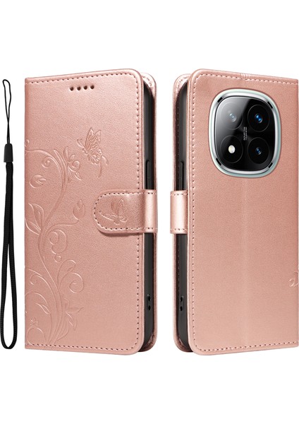 Xiaomi Redmi Için Not 14 Pro 5G-Note 14 Pro+ 5G Kılıf Çiçek Desenli Pu Deri Cüzdan Telefon Kapağı-Gül Altın (Yurt Dışından)