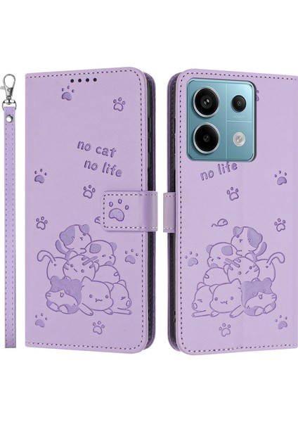 Xiaomi Redmi Note 13 Pro 5G - Poco X6 5G Kılıf Askılı Kediler Baskı Deri Cüzdan Telefon Kapağı-Mor (Yurt Dışından)