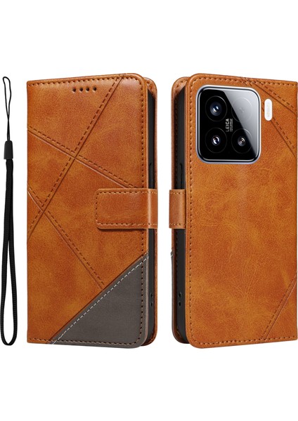 Xiaomi 15 Kılıf Deri Geometrik Çizgili Cüzdan Telefon Kılıfı Bilek Askılı-Kahverengi (Yurt Dışından)