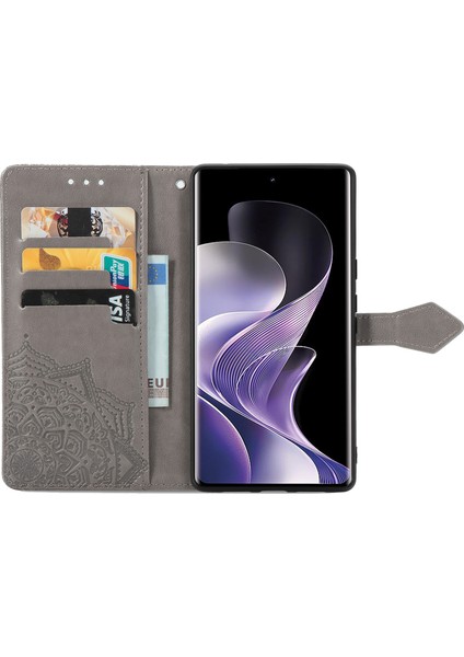Xiaomi Redmi Note 14 Pro 5G Cüzdan Kılıf Mandala Çiçek Deri Telefon Kapağı Görünüm-Gri (Yurt Dışından)