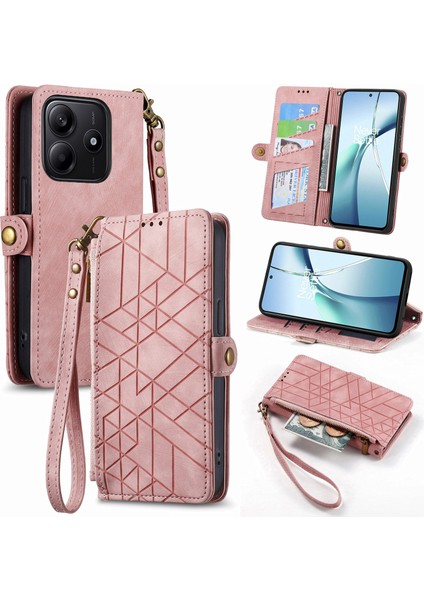 Xiaomi Redmi Note 14 5G Kılıf Fermuar Cüzdan Geometri Hatları Deri Telefon Kapağı-Pembe (Yurt Dışından)