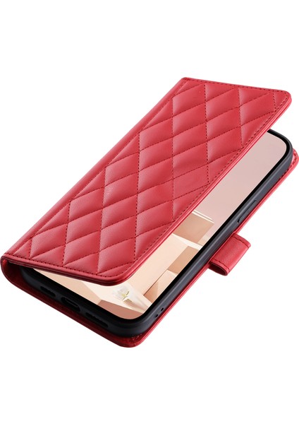 Xiaomi Poco C75 4G-Redmi 14R 5G-14C 4G Cüzdan Eşkenar Dörtgen Izgara Telefon Kapağı-Kırmızı (Yurt Dışından)