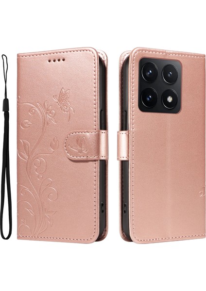 Xiaomi 14T Kılıf Çiçek Desenli Pu Deri Cüzdan Telefon Kapağı-Gül Altın (Yurt Dışından)