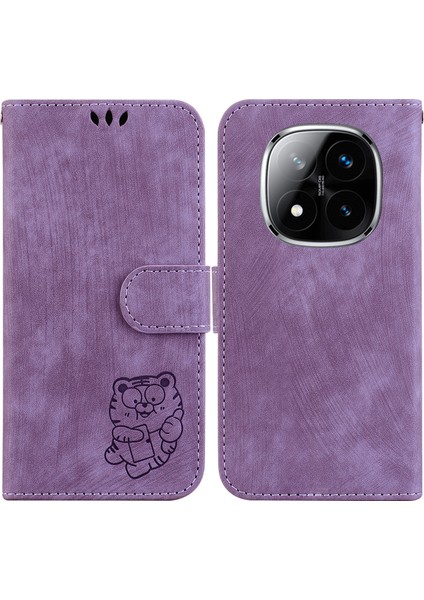 Xiaomi Redmi Note 14 Pro 5G Cüzdan Kılıfı Tiger Baskı Deri Darbeye Dayanıklı Telefon Kapağı-Mor (Yurt Dışından)