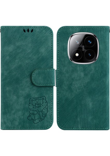 Xiaomi Redmi Note 14 Pro 5G Cüzdan Kılıfı Tiger Baskı Deri Darbeye Dayanıklı Telefon Kapağı-Yeşil (Yurt Dışından)