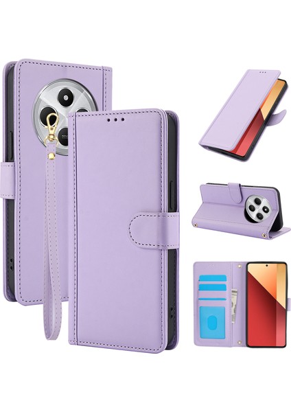Xiaomi Poco C75 4G-Redmi 14R 5G-14C 4G Kılıf Pu Deri Görünüm Telefon Cüzdan Kapak Omuz Askısı Ile-Mor (Yurt Dışından)