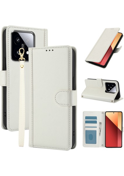 Xiaomi 14T Pro Kılıf Pu Deri Görünümlü Telefon Cüzdan Kılıfı Omuz Askılı-Beyaz (Yurt Dışından)