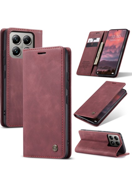 Xiaomi 14T Pro Kılıf Caseme 013 Serisi Kart Tutucu Deri Telefon Kapağı-Kırmızı (Yurt Dışından)