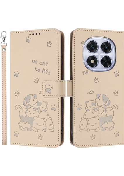 Xiaomi Redmi Note 14 Pro 5G-Note 14 Pro+ 5G Kılıf Askılı Kediler Baskı Deri Cüzdan Telefon Kapağı-Bej (Yurt Dışından)