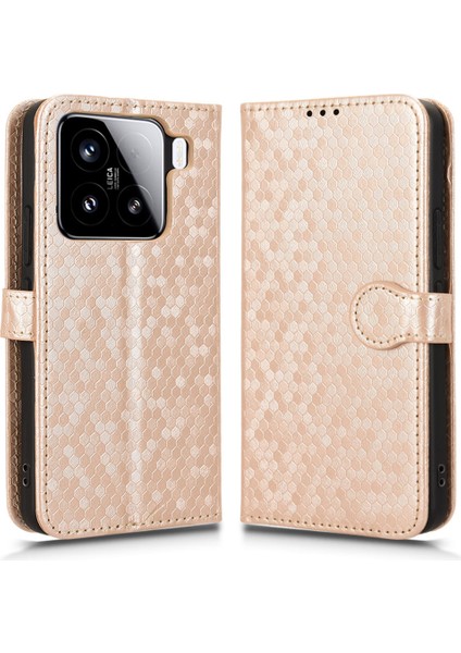 Xiaomi 15 Için Cüzdan Kılıf Nokta Desenli Baskı Pu Deri Telefon Kapağı-Gül Altın (Yurt Dışından)