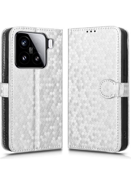 Xiaomi 15 Pro Için Cüzdan Kılıf Nokta Desenli Baskı Pu Deri Telefon Kapağı-Gümüş (Yurt Dışından)