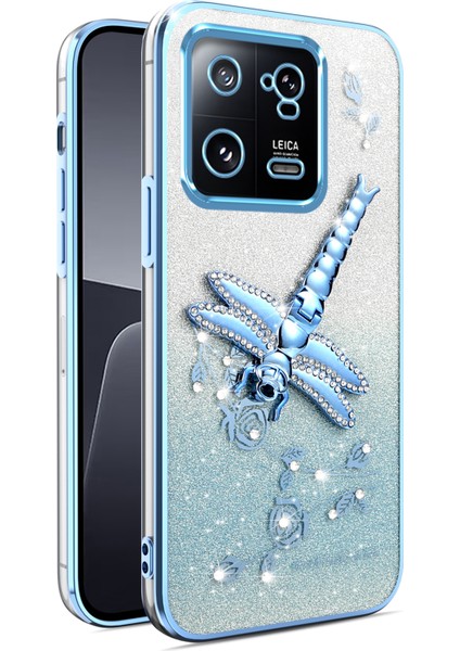 Xiaomi 13 Kılıf Dragonfly Tpu Çiçekler Parıltılı Telefon Kapağı-Mavi (Yurt Dışından)