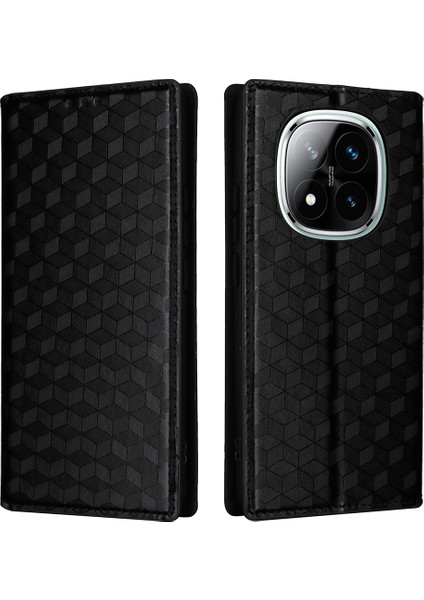 Xiaomi Redmi Note 14 Pro+ 5G-Note 14 Pro 5G Cüzdan Kılıf Eşkenar Dörtgen Baskılı Deri Telefon Kapağı-Siyah (Yurt Dışından)