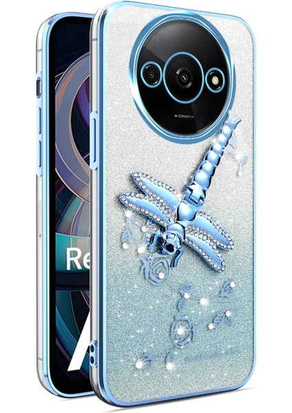 Xiaomi Redmi A3 4G-A3X 4G-Poco C61 4G Dragonfly Tpu Çiçekler Parıltılı Telefon Kapağı-Mavi Kılıf (Yurt Dışından)