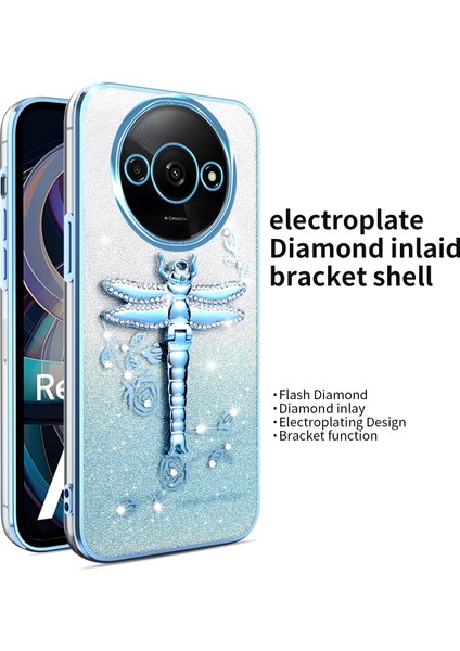Xiaomi Redmi A3 4G-A3X 4G-Poco C61 4G Dragonfly Tpu Çiçekler Parıltılı Telefon Kapağı-Mavi Kılıf (Yurt Dışından)