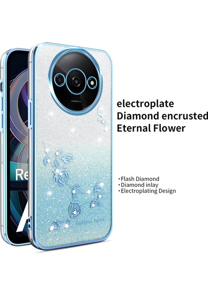 Xiaomi Redmi A3 4G-A3X 4G-Poco C61 4G Dragonfly Tpu Çiçekler Parıltılı Telefon Kapağı-Mavi Kılıf (Yurt Dışından)