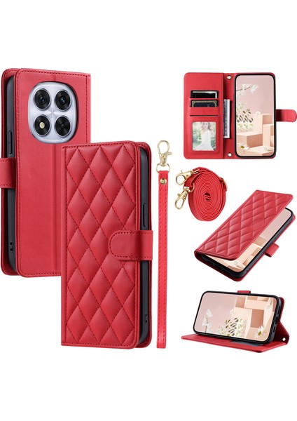 Xiaomi Redmi Note 14 Pro+ 5G-Note 14 Pro 5G Cüzdan Kılıf Eşkenar Dörtgen Izgara Pu Deri Telefon Kapağı-Kırmızı (Yurt Dışından)