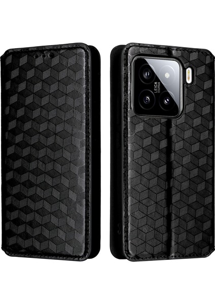 Xiaomi 15 Pro Cüzdan Kılıfı Eşkenar Dörtgen Baskılı Deri Telefon Kapağı-Siyah (Yurt Dışından)