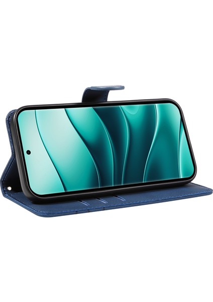 Xiaomi Redmi Için Not 14 Pro 5G-14 Pro+ 5G Kılıf Cüzdan Deri Telefon Kapağı Kavisli Çizgi Bilek Kayışı-Mavi (Yurt Dışından)
