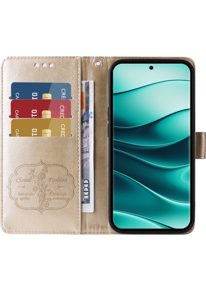 Xiaomi Redmi Için Note 14 Pro+ 5G-Note 14 Pro 5G Çiçek Baskı Cüzdan Kapağı-Altın (Yurt Dışından)