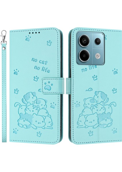 Xiaomi Redmi Note 13 5G-Note 13 5G (Çin) Kılıf Askılı Kediler Baskı Deri Cüzdan Telefon Kapağı-Yeşil (Yurt Dışından)