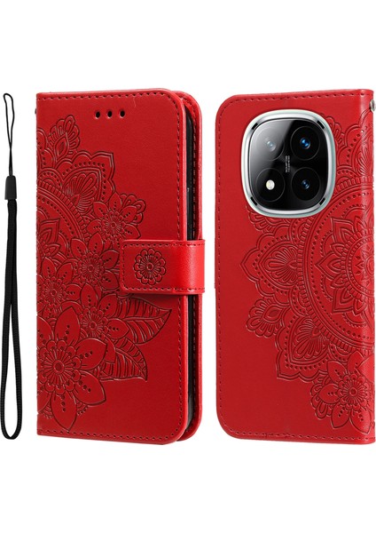 Xiaomi Redmi Note 14 Pro+ 5G-Note 14 Pro 5G Kılıf Pu Deri Cüzdan Çiçek Telefon Kapağı Görünüm-Kırmızı (Yurt Dışından)