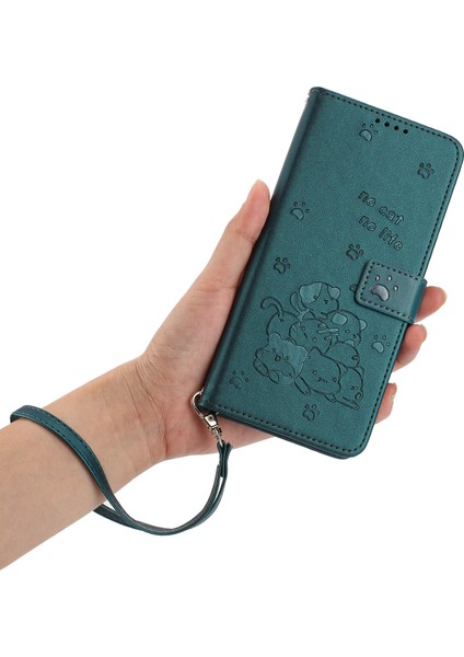 Xiaomi Redmi Note 13 5G-Note 13 5G (Çin) Kılıf Askılı Kediler Baskı Deri Cüzdan Telefon Kapağı-Siyahımsı Yeşil (Yurt Dışından)