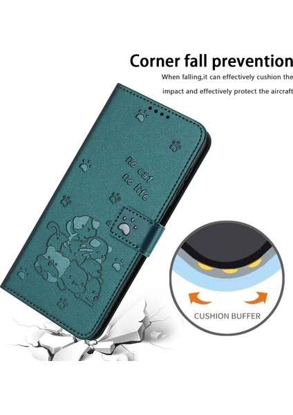 Xiaomi Redmi Note 13 5G-Note 13 5G (Çin) Kılıf Askılı Kediler Baskı Deri Cüzdan Telefon Kapağı-Siyahımsı Yeşil (Yurt Dışından)