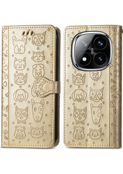 Xiaomi Redmi Note 14 Pro 5G Kılıf Deri Cüzdan Çevirme Telefon Kapağı Sevimli Kedi Köpek Desen-Altın (Yurt Dışından)