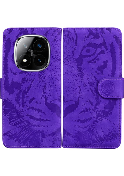 Xiaomi Redmi Note 14 Pro 5G Kılıf Tiger Baskı Deri Cüzdan Telefon Kapağı-Mor (Yurt Dışından)