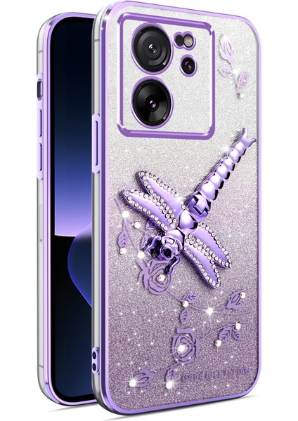 Xiaomi 13T-13T Pro Kılıf Dragonfly Tpu Çiçekler Glitter Telefon Kapağı-Mor Için (Yurt Dışından)