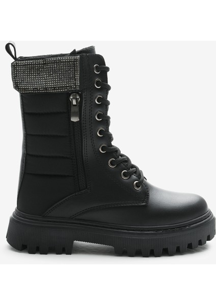 Kız Çocuk Siyah Cilt Termo Taban Taş Detaylı Fermuarlı ve Bağcıklı Cırtlı Bot fiyatları