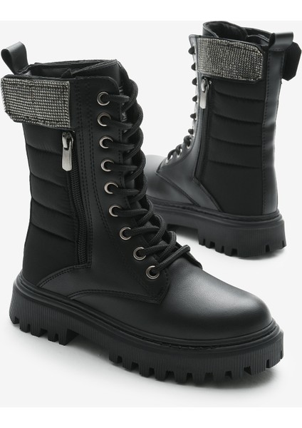 Kız Çocuk Siyah Cilt Termo Taban Taş Detaylı Fermuarlı ve Bağcıklı Cırtlı Bot modelleri