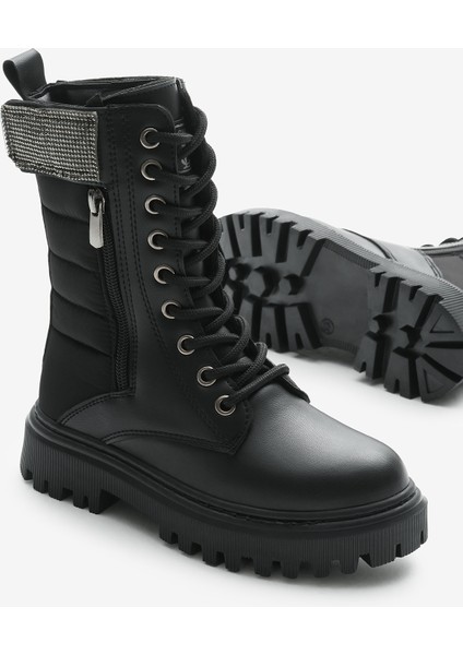 Kız Çocuk Siyah Cilt Termo Taban Taş Detaylı Fermuarlı ve Bağcıklı Cırtlı Bot fırsatları